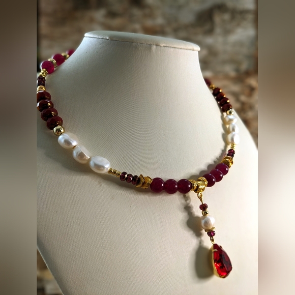 Red Rose Jade & Czech Picasso Beads And Pearl W/ Swarovski Pendant Necklace - Picture 6 of 10